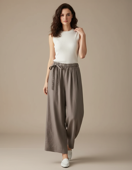 Pantalon Parachute Lin Ample Fluide Décontracté Femme - Gris