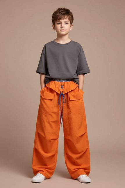 Pantalon Parachute Orange Ample Cargo Enfant Décontracté - Polyester