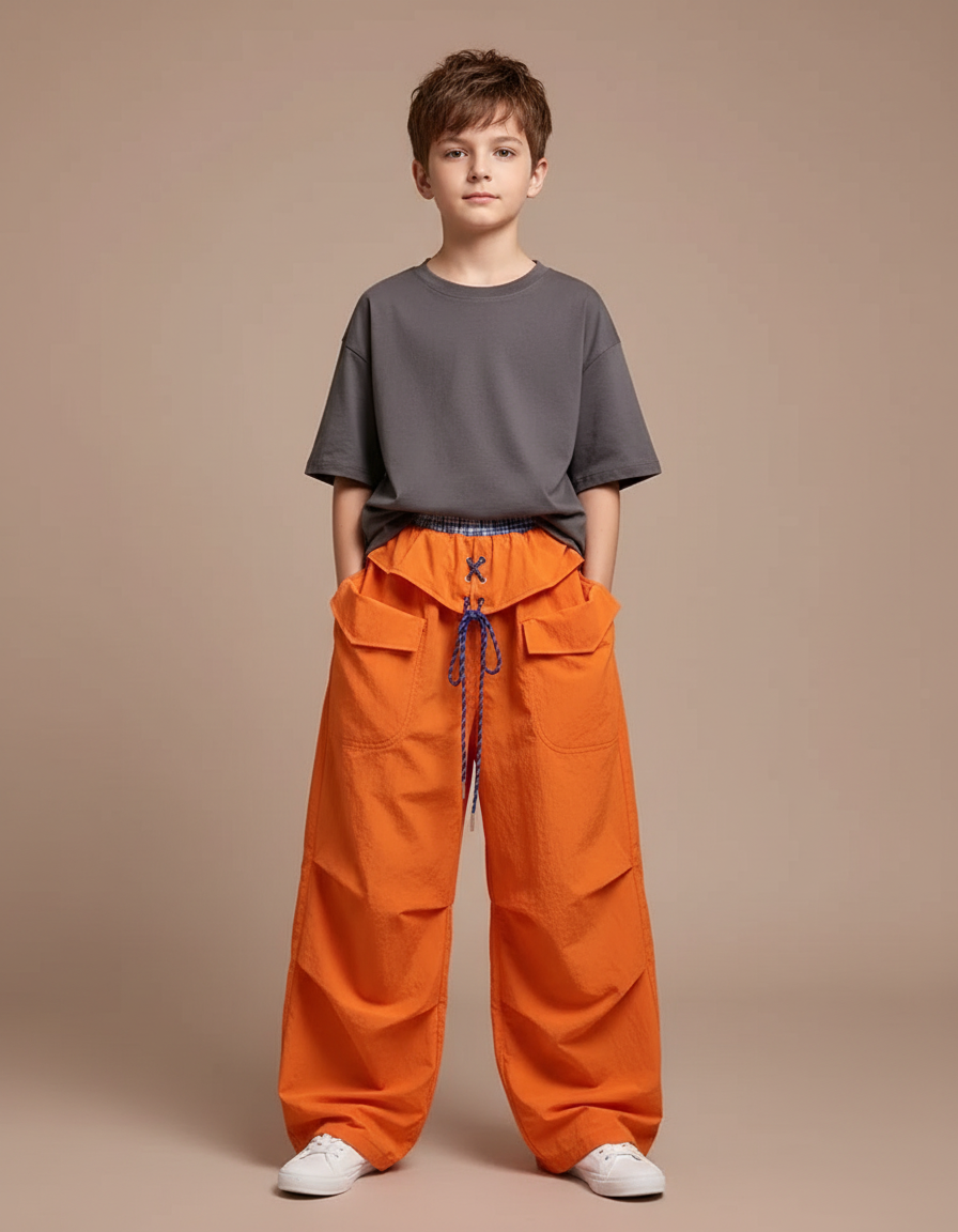 Pantalon Parachute Orange Ample Cargo Enfant Décontracté - Polyester