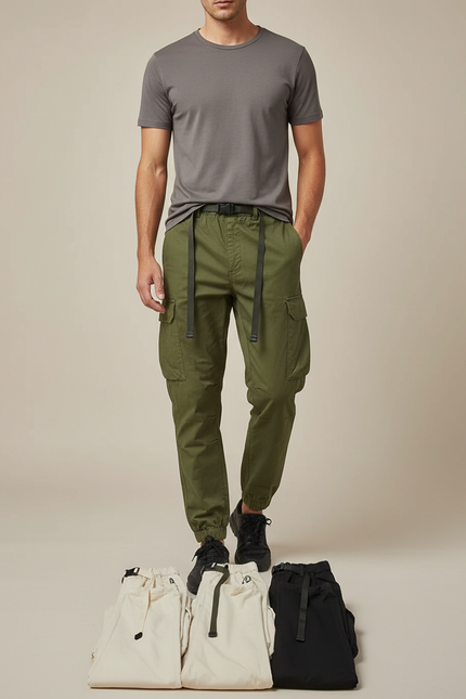Pantalon Parachute Kaki Cargo Ceinture Ample Homme - Toile