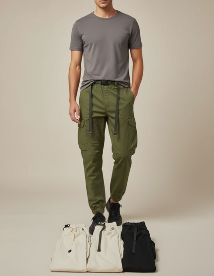 Pantalon Parachute Kaki Cargo Ceinture Ample Homme - Toile