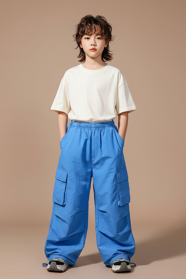 Pantalon Parachute Bleu Cargo Ample Enfant Décontracté - Polyester