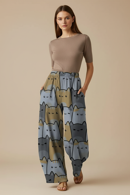 Pantalon Parachute Ample Chat Imprimé Taille Élastique - Viscose