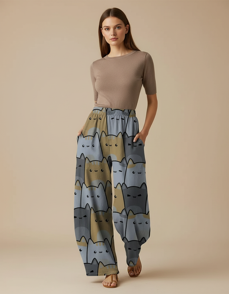 Pantalon Parachute Ample Chat Imprimé Taille Élastique - Viscose