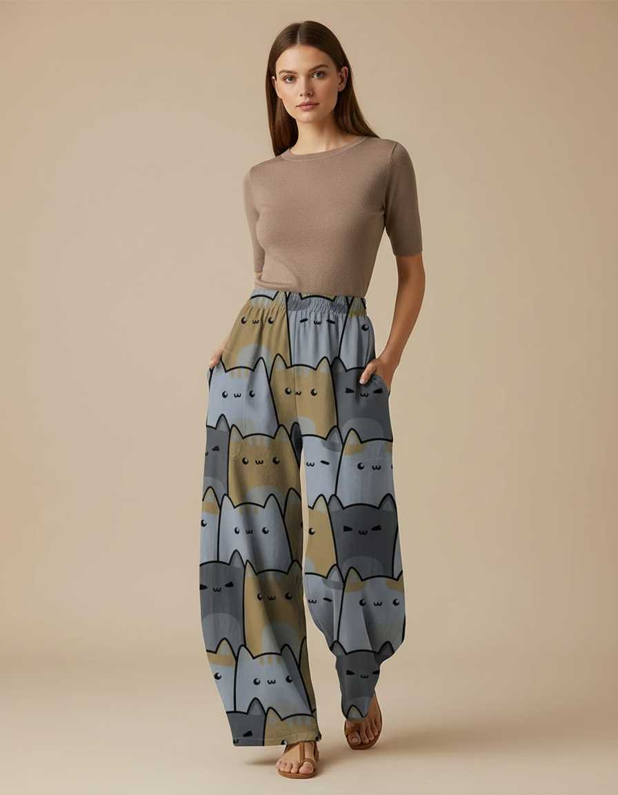 Pantalon Parachute Ample Chat Imprimé Taille Élastique - Viscose