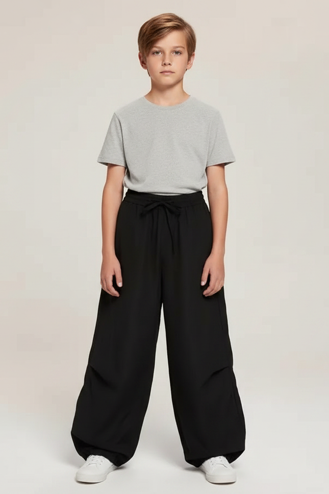 Pantalon Parachute Noir Ample Décontracté Cordon Enfant - Polyester
