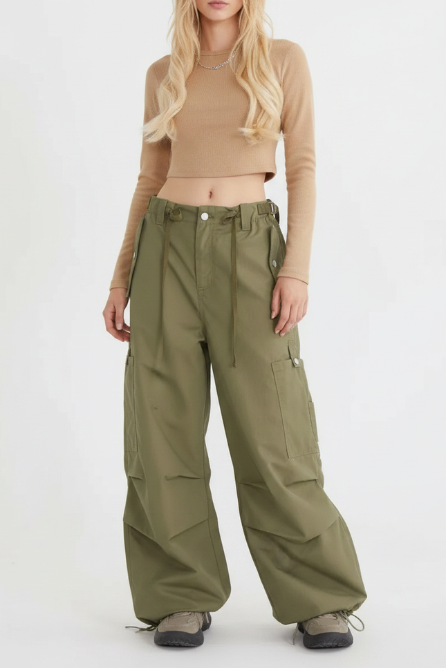 Pantalon Parachute Kaki Ample Cargo Streetwear Femme - Polyester