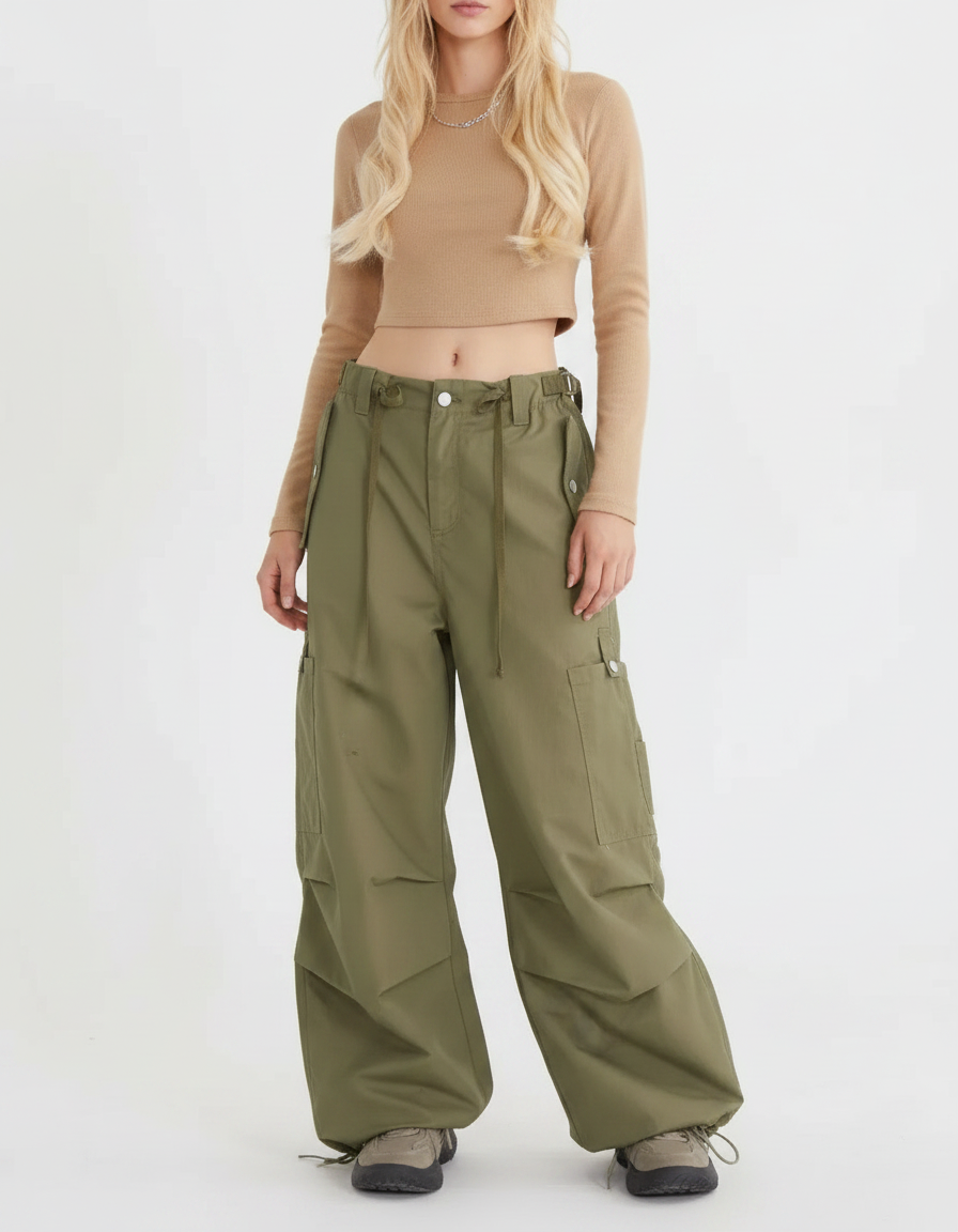 Pantalon Parachute Kaki Ample Cargo Streetwear Femme - Polyester