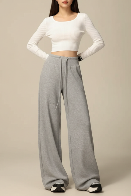 Pantalon Parachute Gris Ample Cordon Sport Doux - Molleton
