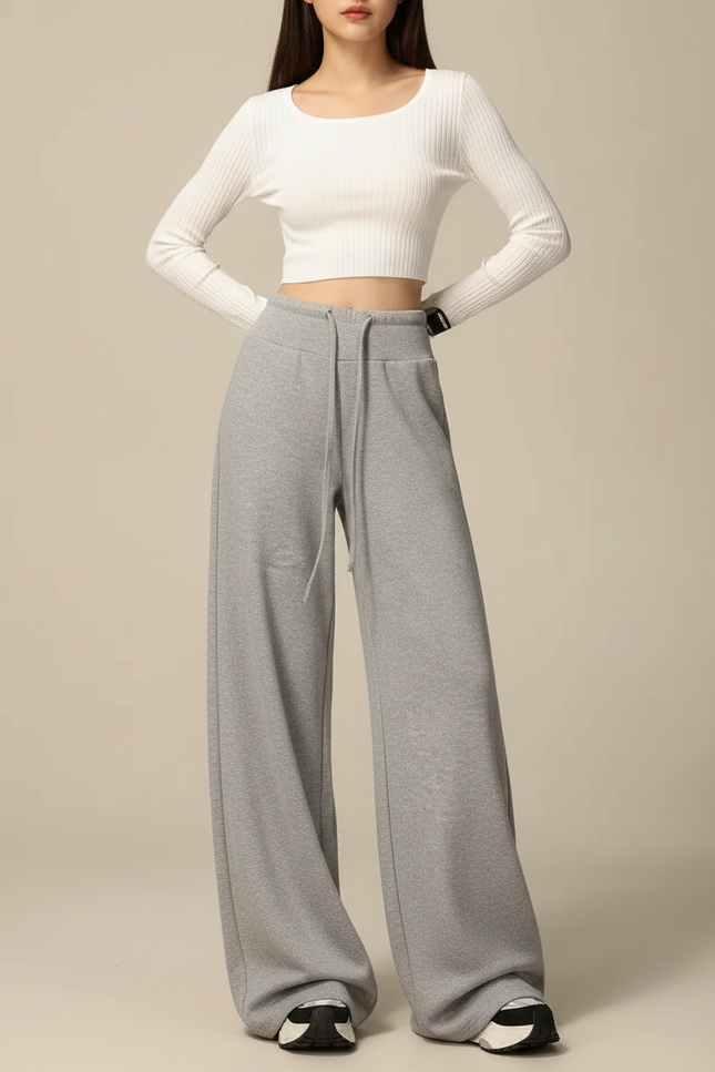 Pantalon Parachute Gris Ample Cordon Sport Doux - Molleton