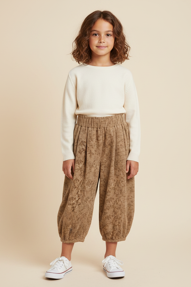 Pantalon Parachute Côtelé Floral Ample Marron Enfant - Cordé