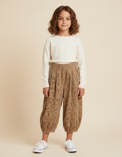 Pantalon Parachute Côtelé Floral Ample Marron Enfant - Cordé