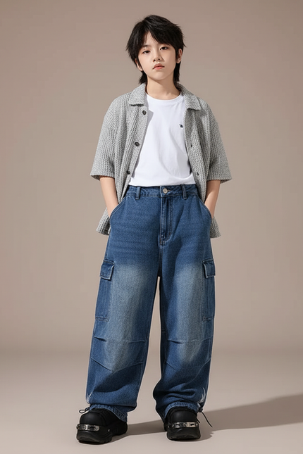 Pantalon Parachute Denim Bleu Ample Cargo Enfant - Jean