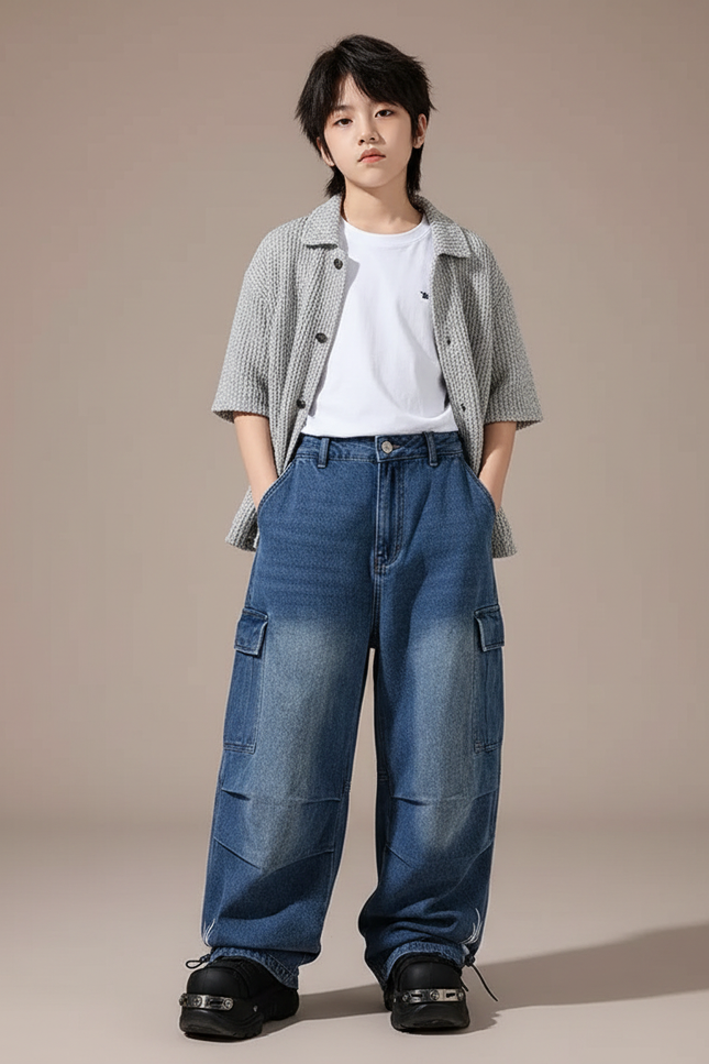 Pantalon Parachute Denim Bleu Ample Cargo Enfant - Jean