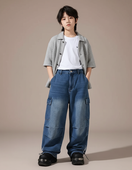 Pantalon Parachute Denim Bleu Ample Cargo Enfant - Jean