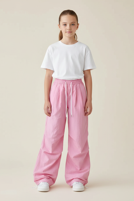 Pantalon Parachute Rose Ample Cordon Fluide Femme - Polyester