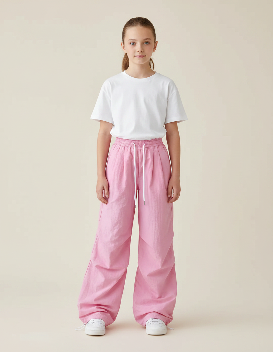 Pantalon Parachute Rose Ample Cordon Fluide Femme - Polyester