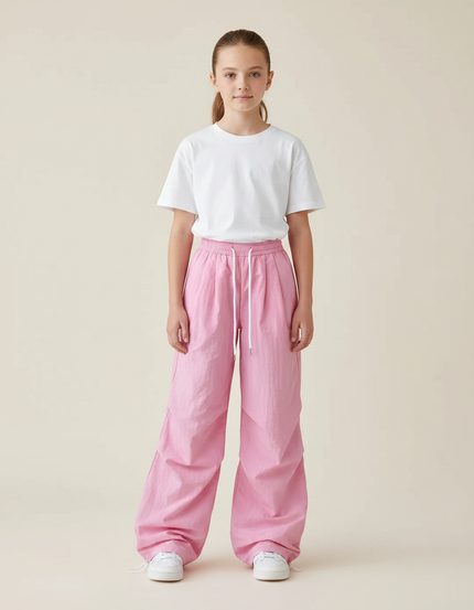 Pantalon Parachute Rose Ample Cordon Fluide Femme - Polyester