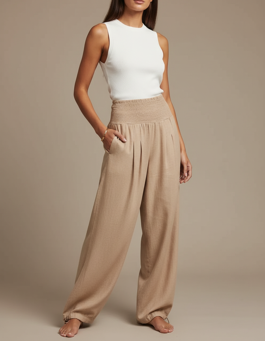 Pantalon Parachute Beige Ample Lin Smocké Plissé Femme