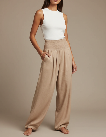 Pantalon Parachute Beige Ample Lin Smocké Plissé Femme