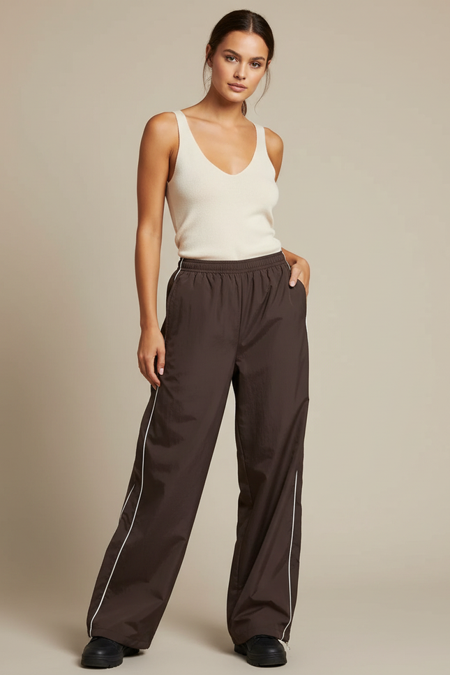 Pantalon Parachute Marron Ample Streetwear Sportif Cordon - Polyester