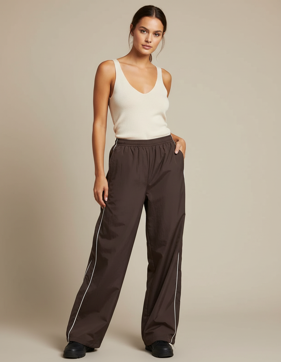 Pantalon Parachute Marron Ample Streetwear Sportif Cordon - Polyester