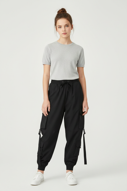 Pantalon Parachute Noir Cargo Ample Multipoches Femme - Polyester