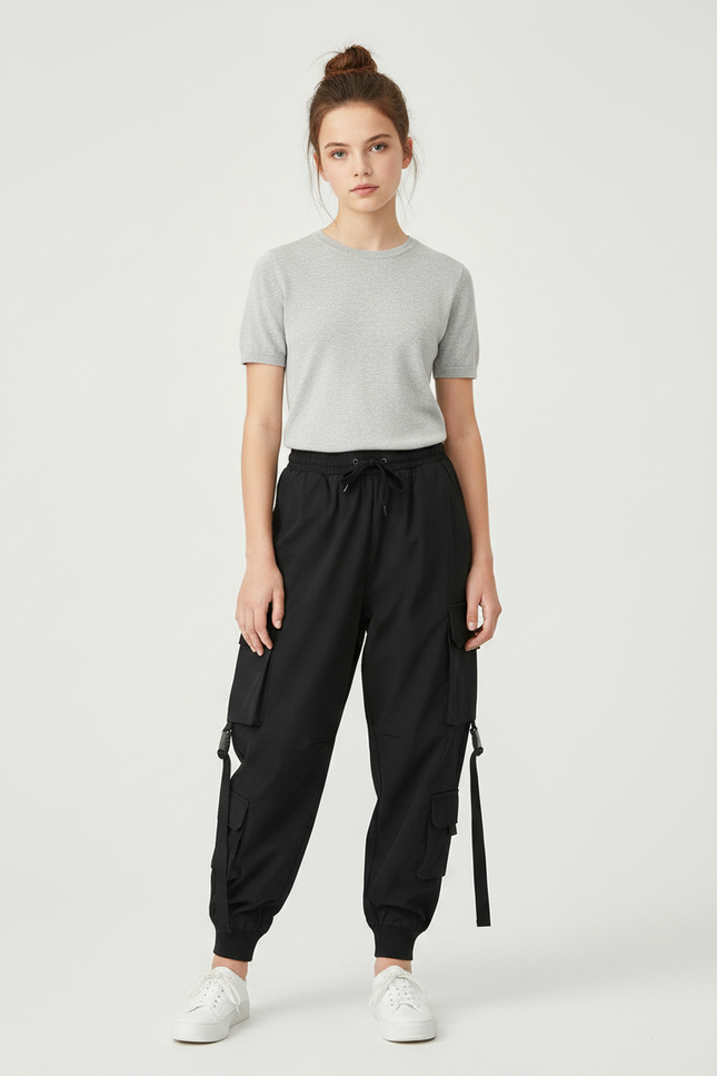 Pantalon Parachute Noir Cargo Ample Multipoches Femme - Polyester