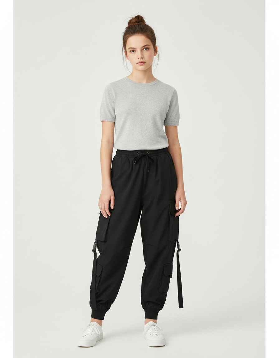 Pantalon Parachute Noir Cargo Ample Multipoches Femme - Polyester