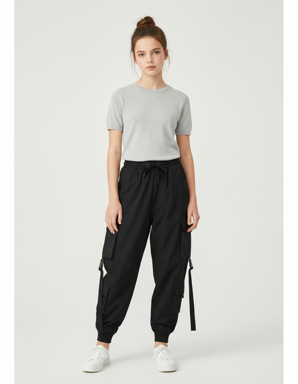 Pantalon Parachute Noir Cargo Ample Multipoches Femme - Polyester