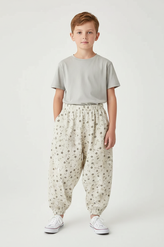 Pantalon Parachute Côtelé Fleuri Ample Beige Enfant - Cordé