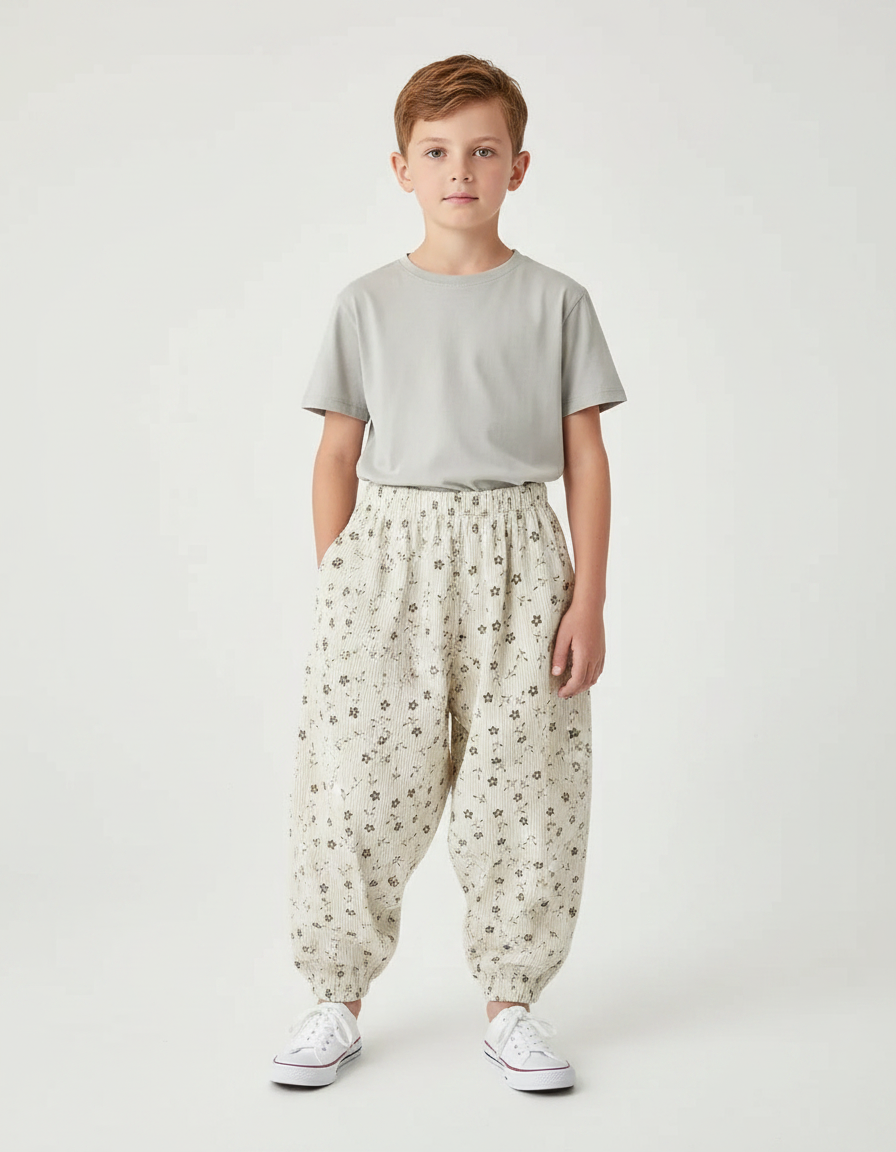 Pantalon Parachute Côtelé Fleuri Ample Beige Enfant - Cordé
