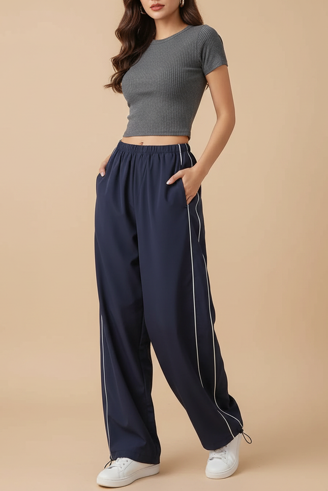 Pantalon Parachute Bleu Marine Ample Rayures Latérales - Polyester