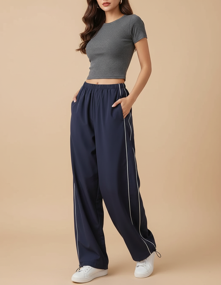 Pantalon Parachute Bleu Marine Ample Rayures Latérales - Polyester