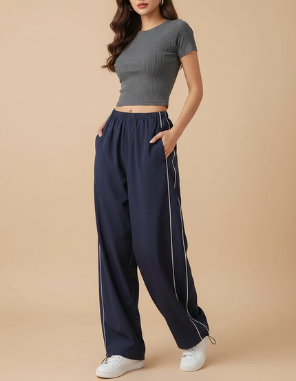 Pantalon Parachute Bleu Marine Ample Rayures Latérales - Polyester