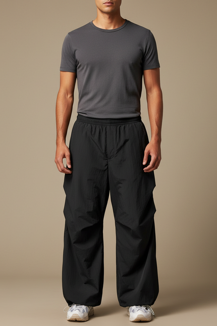 Pantalon Parachute Noir Ample Nylon Respirant Homme - Polyester