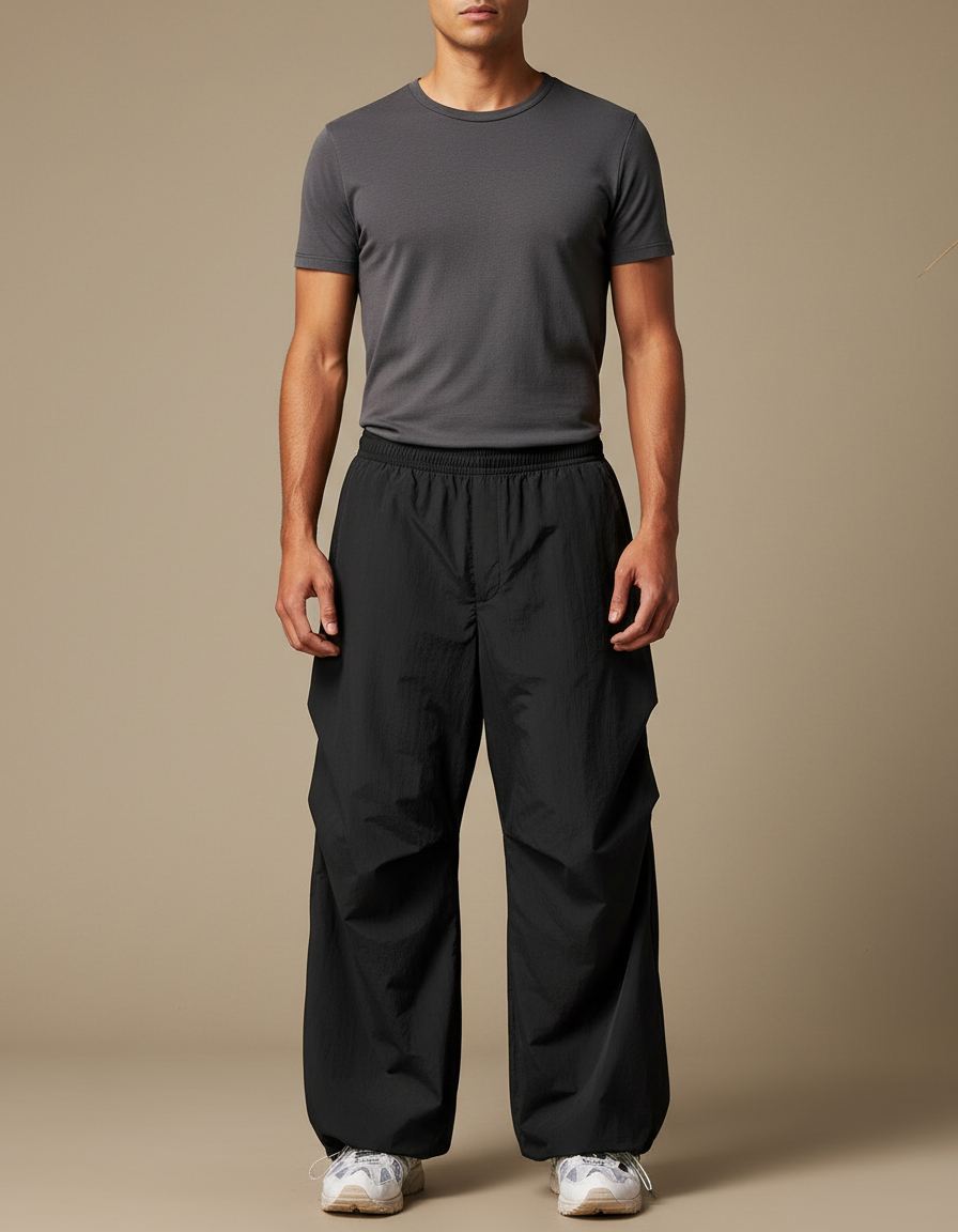 Pantalon Parachute Noir Ample Nylon Respirant Homme - Polyester