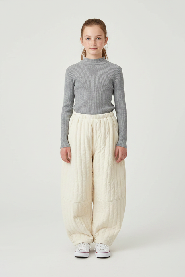 Pantalon Parachute Crème Matelassé Ample Enfant Hiver - Beige Molleton