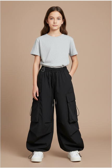 Pantalon Parachute Noir Cargo Ample Décontracté Fille - Polyester