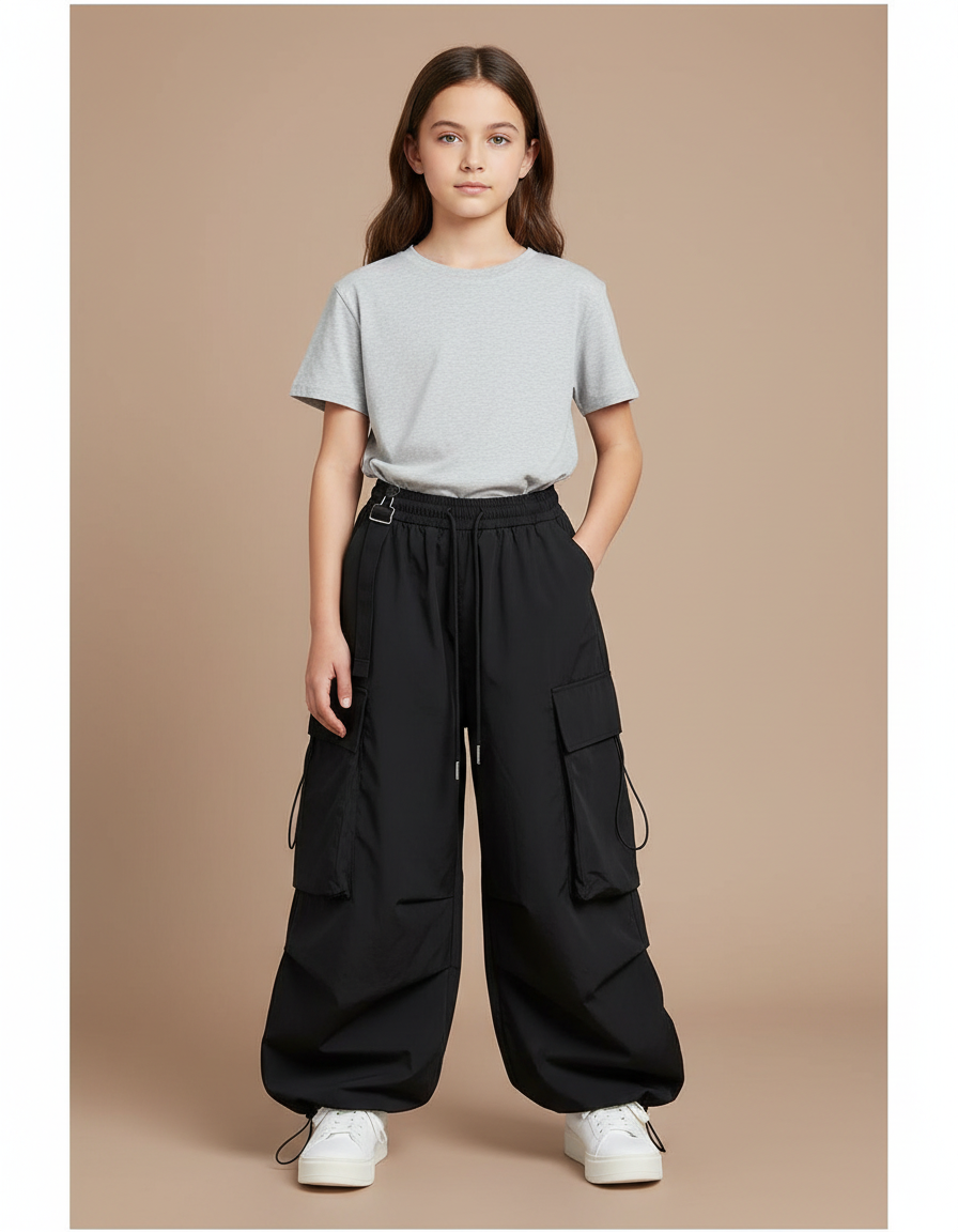 Pantalon Parachute Noir Cargo Ample Décontracté Fille - Polyester