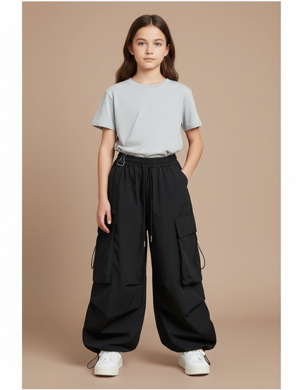 Pantalon Parachute Noir Cargo Ample Décontracté Fille - Polyester