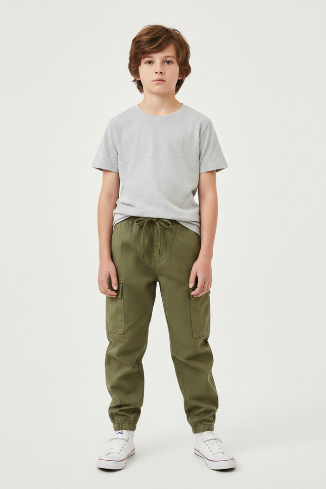 Pantalon Parachute Kaki Cargo Ample Garçon Coton