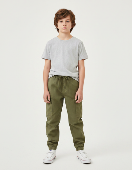 Pantalon Parachute Kaki Cargo Ample Garçon Coton