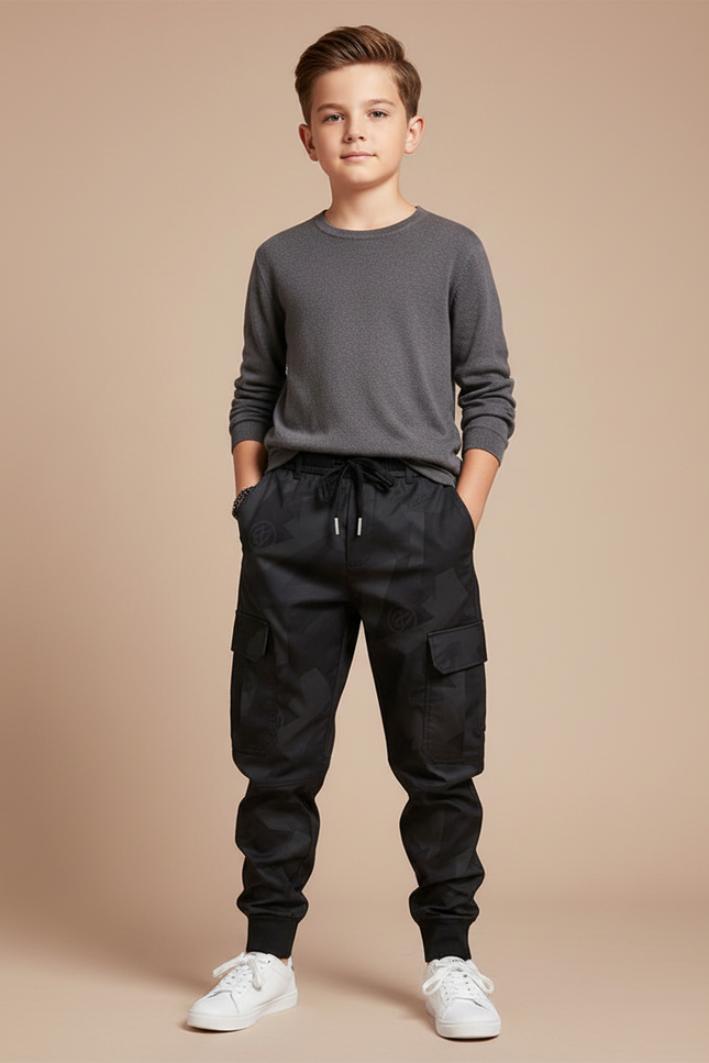 Pantalon Parachute Noir Cargo Imprimé Cordon Enfant - Polyester