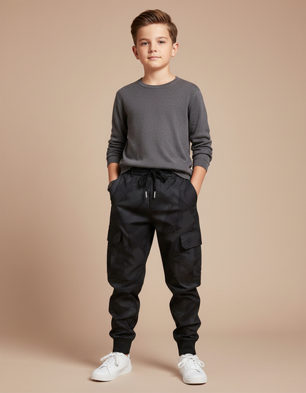 Pantalon Parachute Noir Cargo Imprimé Cordon Enfant - Polyester