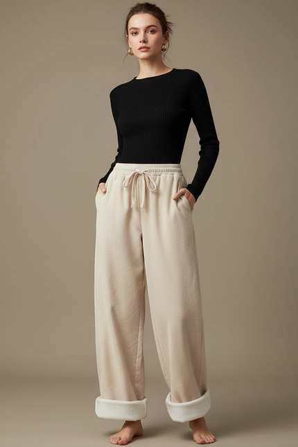 Pantalon Parachute Beige Côtelé Ample Doublé Polaire Femme - Cordé