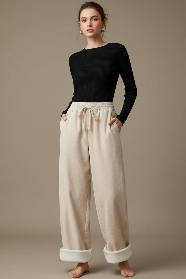 Pantalon Parachute Beige Côtelé Ample Doublé Polaire Femme - Cordé