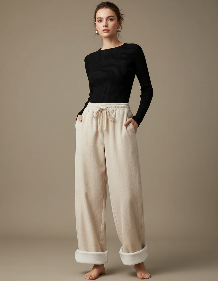 Pantalon Parachute Beige Côtelé Ample Doublé Polaire Femme - Cordé