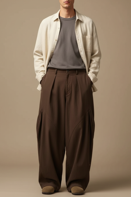 Pantalon Parachute Marron Ample Plissé Homme Décontracté - Toile