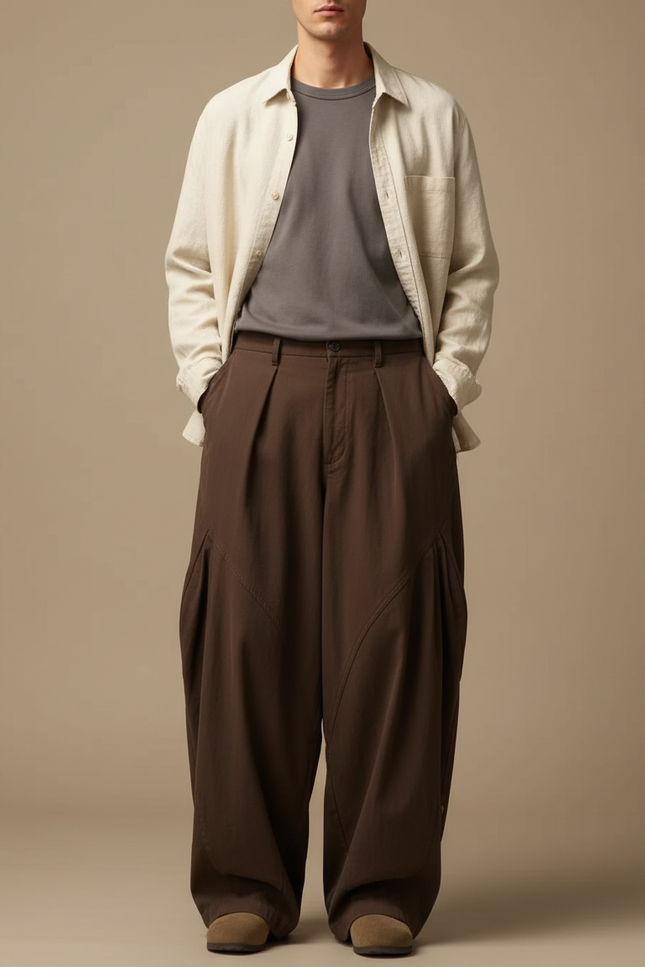 Pantalon Parachute Marron Ample Plissé Homme Décontracté - Toile